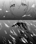  1boy 1girl abyssal_admiral_(kantai_collection) blood blood_on_face bubble comic gegeron glowing glowing_eye hat highres kantai_collection kisaragi_(kantai_collection) monochrome peaked_cap underwater 