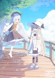  2girls :d ^_^ bag barefoot beret black_hat blue_sky brown_dress brown_eyes brown_hair brown_socks closed_eyes clouds collared_dress collared_shirt commentary_request day dress eyes_visible_through_hair feathered_wings grey_hair hair_over_one_eye handbag hat holding holding_bag horizon long_sleeves multiple_girls neck_ribbon ocean original outdoors pleated_dress puffy_long_sleeves puffy_short_sleeves puffy_sleeves ribbon shirt shoes short_sleeves shoulder_bag sky sleeveless sleeveless_dress smile socks water white_dress white_hat white_shirt white_shoes white_wings wings yellow_ribbon yuuhagi_(amaretto-no-natsu) 