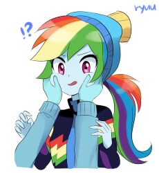  !? 1girl 1other animification artist_name beanie black_jacket blue_hat blue_skin cheek_squash colored_skin commentary_request confused cropped_torso hands_on_another's_cheeks hands_on_another's_face hat highres jacket long_hair looking_at_viewer multicolored_hair my_little_pony my_little_pony:_equestria_girls my_little_pony:_friendship_is_magic ponytail pov pov_hands rainbow_dash rainbow_dash_(equestria_girls) rainbow_hair rainbow_print red_eyes ryuu_(ryuraconis) simple_background solo_focus white_background 