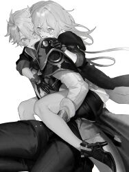 1boy 1girl absurdres antenna_hair boots breasts cape carrying chest_belt clenched_hand coat collared_shirt commentary feet_out_of_frame floating_clothes floating_hair full_body gloves greyscale hair_between_eyes hand_on_another's_chest hand_on_another's_shoulder hetero high_collar high_heel_boots high_heels highres honkai:_star_rail honkai_(series) ieririr jacket long_hair long_sleeves looking_at_another looking_back medium_breasts miniskirt monochrome open_clothes open_jacket pants phainon_(honkai:_star_rail) piggyback shirt short_hair sidelocks signature simple_background skirt smile stelle_(honkai:_star_rail) t-shirt teeth thigh_strap trailblazer_(honkai:_star_rail) untranslatable_commentary 