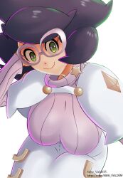  1girl artist_name big_hair breasts capelet commentary glasses green_eyes high-waist_skirt highres large_breasts long_sleeves mature_female medium_skirt pencil_skirt pepealegria1 pink-framed_eyewear pink_sweater pokemon pokemon_sun_and_moon purple_hair ribbed_sweater short_hair skirt smile solo sweater turtleneck turtleneck_sweater twitter_username web_address white_capelet white_skirt wicke_(pokemon) 