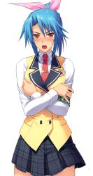 1girl angry armband blue_hair blush brown_eyes crossed_arms fuuki_iinchou_seira game_asset hair_ribbon ishigaki_takashi large_variant_set necktie non-web_source official_art open_mouth plaid_clothes plaid_skirt pleated_skirt ponytail ribbon sakakibara_saori school_emblem school_uniform self-datamine short_hair simple_background skirt solo tachi-e transparent_background variant_set 