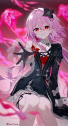  1girl black_dress black_flower black_gloves breasts commentary_request dress earrings evernight_(honkai:_star_rail) evey_(honkai:_star_rail) evil_smile feet_out_of_frame flower funa_(sakana) gloves hair_between_eyes hair_flower hair_ornament hairclip highres honkai:_star_rail honkai_(series) jewelry long_hair long_sleeves looking_at_viewer march_7th_(honkai:_star_rail) medium_breasts parallel_hairclips pink_hair reaching reaching_towards_viewer red_background red_eyes single_bare_shoulder single_earring sitting smile solo twitter_username very_long_hair 