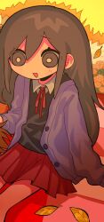  1girl aged_down alternate_costume black_eyes black_hair black_sweater_vest blush bright_pupils cardigan checkered_blanket collared_shirt day double-parted_bangs hair_between_eyes highres kobanzame_omo leaf long_hair long_sleeves mari_(faraway)_(omori) mari_(omori) omori open_cardigan open_clothes open_mouth outdoors picnic_blanket pleated_skirt purple_cardigan red_skirt shirt sidelocks sitting skirt smile solo sweater_vest thumbnail_collage white_pupils white_shirt 