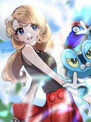  1girl absurdres bare_shoulders blonde_hair blue_eyes blush breasts colored_sclera froakie frog grin highres kurumiya_(krmy_p) long_hair looking_at_viewer open_mouth pokemon pokemon_(creature) pokemon_x_and_y red_skirt serena_(pokemon) shirt skirt sleeveless sleeveless_shirt small_breasts smile teeth yellow_sclera 