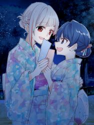  2girls blue_eyes blue_hair blue_kimono braid commentary_request cowboy_shot dollchestra eye_contact hair_bun half_up_braid hand_on_another's_back highres holding holding_tanzaku japanese_clothes kanduki_kamibukuro kimono light_particles long_sleeves looking_at_another love_live! love_live!_hasu_no_sora_jogakuin_school_idol_club multicolored_hair multiple_girls murano_sayaka night outdoors red_eyes red_streaks short_hair single_hair_bun streaked_hair tanabata tanzaku virtual_youtuber white_hair yugiri_tsuzuri 