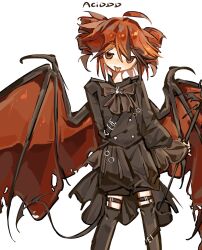  1girl aciddd396752 ahoge black_shirt black_shorts black_thighhighs commentary_request demon_girl demon_tail demon_wings drill_hair feet_out_of_frame highres kasane_teto legwear_garter long_sleeves looking_at_viewer over-kneehighs red_eyes red_hair shirt shorts simple_background solo standing tail thigh-highs tongue tongue_out twin_drills utau white_background wings 