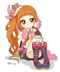  1girl 29_zyu :< blunt_bangs boots brown_eyes brown_hair carousel_hat closed_mouth commentary_request full_body hands_on_own_knees highres ichihara_nina idolmaster idolmaster_cinderella_girls juliet_sleeves knees_up lace-up_boots long_hair long_sleeves looking_at_viewer on_floor puffy_sleeves short_bangs shorts side_ponytail solo stuffed_unicorn tassel white_background 