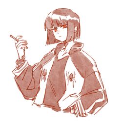  1girl black_hair casual cigarette commentary_request highres holding holding_cigarette limbus_company looking_at_viewer project_moon red_eyes ryoshu_(project_moon) short_hair solo ssmr_rolling standing white_background 