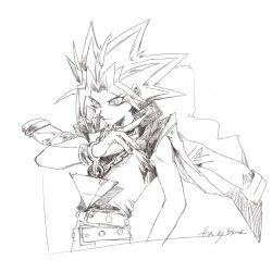  1boy bracelet bscww2 card closed_mouth commentary cropped_torso greyscale hatching_(texture) holding holding_card jacket jacket_on_shoulders jewelry linear_hatching looking_ahead male_focus millennium_puzzle monochrome shirt simple_background sleeveless sleeveless_shirt solo spiky_hair untranslatable_commentary white_background yami_yugi yu-gi-oh! yu-gi-oh!_duel_monsters 