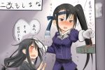  2girls akino_shuu black_hair drunk flying_sweatdrops gloves hand_on_another&#039;s_head hatsushimo_(kantai_collection) headband kantai_collection long_hair multiple_girls nachi_(kantai_collection) red_eyes school_uniform side_ponytail sweatdrop translation_request white_gloves 