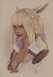  1girl animal_ears blonde_hair braid bust dark_skin final_fantasy final_fantasy_xiv lips long_hair miqo&#039;te ponytail slit_pupils solo soranamae yellow_eyes 