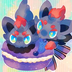  +_+ bright_pupils commentary_request food food_focus licking_lips lying macaron no_humans pokemon pokemon_(creature) pokemon_focus ribbon satan_(zoroa553) tongue tongue_out white_eyes white_pupils zorua 
