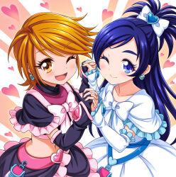  2girls arm_warmers belt black_arm_warmers black_gloves black_skirt blue_eyes blue_hair blush bow bowtie buckle closed_mouth commentary_request cure_black cure_white dot_nose dress earrings fingerless_gloves frilled_arm_warmers frilled_skirt frilled_sleeves frills futari_wa_precure gloves hair_bow hair_ornament heart heart-shaped_buckle heart_earrings heart_hair_ornament high_ponytail highres holding_hands interlocked_fingers jewelry long_hair looking_at_viewer magical_girl medium_hair midriff misumi_nagisa multiple_girls one_eye_closed open_mouth orange_eyes orange_hair pink_belt pink_bow pink_bowtie ponytail precure short_ponytail skirt smile thick_eyebrows tomo_(tmtm_mf_mf) white_arm_warmers white_bow white_bowtie white_dress yukishiro_honoka 