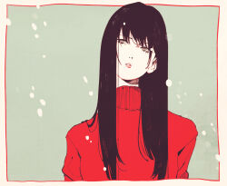  1girl black_hair border death_note highres long_hair misora_naomi narrowed_eyes pale_skin portrait red_sweater snowing solo sweater tinycrescent turtleneck turtleneck_sweater white_border 