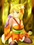  1girl absurdres animal_ears black_legwear blonde_hair breasts collarbone dog_days forest fox_ears fox_tail green_eyes hair_ornament highres japanese_clothes kimono large_breasts long_hair looking_at_viewer nature obi ponytail sash sitting solo tail wariza yukata yukikaze_panettone 