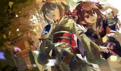  2girls absurdres ahoge alternate_costume bag black_kimono blue_eyes commentary cowboy_shot day dutch_angle english_commentary evil_neuro-sama hair_between_eyes hair_ornament hair_ribbon hair_rings hand_fan heart heart_hair_ornament highres holding holding_bag holding_fan japanese_clothes kimono leaf long_hair long_sleeves medium_hair multiple_girls neuro-sama open_mouth outdoors red_eyes red_ribbon red_sash ribbon sash shinbaru short_kimono short_sleeves siblings sisters summer_festival turtle twins two_side_up vedal_ai virtual_youtuber wide_sleeves yellow_kimono yellow_sash 