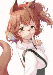  1girl animal_ears aston_machan_(casual)_(umamusume) aston_machan_(umamusume) blush breasts brown_hair casual closed_mouth commentary_request glasses green_eyes green_skirt hair_ornament hair_scrunchie highres horse_ears horse_girl horse_tail large_breasts long_sleeves looking_at_viewer medium_hair one_side_up over-rim_eyewear red-framed_eyewear red_scrunchie scrunchie semi-rimless_eyewear shirt skirt smile solo suspender_skirt suspenders taachika tail umamusume white_shirt 
