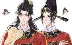  2boys absurdres all_wishes_come_true! alternate_costume alternate_facial_hair alternate_hairstyle black_hair black_hat brown_eyes chibi chibi_inset chinese_clothes chinese_commentary closed_mouth crossed_arms eyelashes gold_trim hair_bun hair_ornament half_updo hand_fan hand_up hanfu hat hechenren highres holding holding_fan leaf_fan leaf_hair_ornament long_hair long_sleeves looking_at_viewer lv_dongbin_(all_wishes_come_true!) male_focus mandarin_collar multiple_boys no_beard parted_lips red_hanfu sidelocks simple_background single_hair_bun smile topknot updo upper_body white_background yuanlingpao zhongli_quan_(all_wishes_come_true!) 