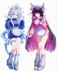  2girls 9hun_(wxw_hye) :d ;d ahoge alternate_costume animal_ear_fluff animal_ears apron black_hair blue_eyes blue_hair blue_jacket blue_pupils blush cat_ears cat_girl closed_mouth columbina_(genshin_impact) commentary enmaided frilled_apron frilled_hairband frilled_thigh_strap frills full_body furina_(genshin_impact) genshin_impact hair_ornament hairband hand_up hands_up highres jacket jersey_maid kemonomimi_mode long_hair long_sleeves looking_at_viewer maid maid_headdress multiple_girls one_eye_closed open_mouth purple_hair shoes simple_background smile socks standing thigh_strap track_jacket unconventional_maid unusually_open_eyes very_long_hair violet_eyes waist_apron white_apron white_background white_hair white_hairband white_shoes white_socks wing_hair_ornament 