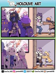  2girls 4girls 67_(meme) :3 absurdres backpack bag character_doll character_mask doll hairband hakos_baelz halo hat height_difference highres hololive hololive_english irys_(hololive) irys_(irys_2.0)_(hololive) jacket koseki_bijou mama'nis_(ninomae_ina'nis) mask meme momseki_(koseki_bijou) mouth_mask multiple_girls ninomae_ina'nis ninomae_ina'nis_(loungewear) open_mouth ouro_kronii pebble_(koseki_bijou) pink_hair purple_hair pushing randoseru scarf smile takanashi_kiara takodachi_(ninomae_ina'nis) twintails violet_eyes virtual_youtuber zetsuental 