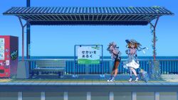  2girls absurdres adachi_rei android baseball_cap bench black_shoes bottle braid braided_ponytail character_doll commentary_request corrugated_galvanized_iron_sheet day doll dress fanny_pack flower grey_hair hand_on_own_hip hat hat_ribbon highres hinoki_(yesfish1117) joints looking_at_viewer multiple_girls nurse_robot_type_t orange_eyes orange_hair orange_pantyhose outdoors pantyhose plant railing ribbon robot_joints rolling_suitcase sandals sekai_o_aruku_(utau) shoes short_hair short_sleeves sign sleeveless sleeveless_dress sneakers suitcase sun_hat train_station utau vending_machine vines water_bottle white_dress 