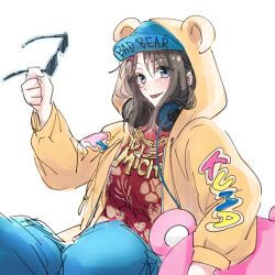  1girl :p animal_ears animal_hood bang_dream! bang_dream!_girls_band_party! bear_hood blue_hat blue_pants chain chain_necklace clothes_writing commentary_request fake_animal_ears gold_necklace grey_eyes hat hat_writing headphones headphones_around_neck highres holding holding_removed_eyewear hood hood_down hooded_jacket jacket jewelry long_sleeves looking_at_viewer michelle_(bang_dream!) necklace open_clothes open_jacket pants red_shirt shirt sitting solo succhii_(pikaru) sunglasses tongue tongue_out unworn_eyewear yellow_jacket 