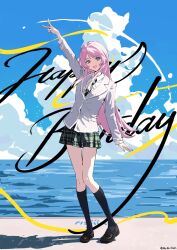  1girl arm_up bang_dream! bang_dream!_it's_mygo!!!!! black_shoes black_socks chihaya_anon clouds commentary cumulonimbus_cloud diagonal-striped_clothes diagonal-striped_necktie english_commentary fang green_necktie green_skirt grey_eyes grey_jacket haneoka_school_uniform happy_birthday highres jacket kneehighs long_hair looking_at_viewer necktie no.0_fish ocean open_mouth pink_hair plaid_clothes plaid_skirt pleated_skirt school_uniform shoes skirt socks solo standing striped_clothes striped_necktie v 