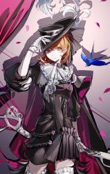  1girl absurdres archery arknights arm_at_side arm_up ascot bird black_dress black_hat blue_bird bow_(weapon) brown_eyes brown_hair closed_mouth collared_dress commentary dress earrings falling_feathers feathers flipped_hair floating_earrings gloves gradient_background hand_on_own_hat hat hat_feather head_tilt highres holding holding_bow_(weapon) holding_weapon jewelry legs_apart light_smile lipstick looking_afar makeup partially_fingerless_gloves persona persona_3 persona_3_reload pink_feathers qianjin_yousha shadow short_hair short_sleeves simple_background solo standing takeba_yukari two-tone_dress upper_body weapon white_ascot white_feathers white_gloves 