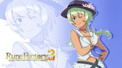 absurdres belt blue_eyes choker fedora fingerless_gloves gloves green_hair hand_on_own_hip hat highres ion_(rune_factory) jellyfish_cut non-web_source ombre one_eye_closed pafwkuto pointing pointing_up rune_factory rune_factory_3 smirk tan