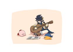  angel angel_wings armlet bandana bandana_waddle_dee black_hair blue_bandana dark_pit gold_armlet guitar highres holding holding_instrument instrument jewelry kid_icarus kid_icarus_uprising kirby kirby_(series) laurel_crown notebook on_floor open_mouth playing_instrument reading short_hair simple_background sitting source_request trlr wings 