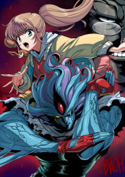  1girl 2boys absurdres arm_blade baoh baoh_raihousha black_vest blue_hair blue_jacket blue_skin brown_hair colored_skin commentary_request cracked_skin creature dr._kasuminome evil_grin evil_smile finger_claws fingerless_gloves forehead_jewel glasses gloves green_eyes grin highres hood hoodie jacket long_hair multicolored_jacket multiple_boys muscular muscular_male nozzo_(baoh) open_mouth ponytail purple_background red_background red_gloves red_sweater shirt simple_background smile solid_eyes sumire_(baoh) sweater torn_clothes torn_shirt tukiwani two-tone_background two-tone_jacket vest weapon white_hoodie yellow_eyes yellow_jacket 