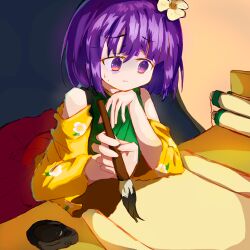  1girl :| bags_under_eyes bare_shoulders calligraphy_brush closed_mouth commentary_request floral_print flower green_kimono hair_flower hair_ornament hakama hakama_skirt hand_on_own_chin hieda_no_akyuu highres i_love_suwako inkstone japanese_clothes kimono layered_kimono leaning_on_table off_shoulder paintbrush purple_hair red_hakama red_skirt scroll short_hair sitting skirt solo sweatdrop table touhou variant_set violet_eyes wariza wide_sleeves yellow_kimono 