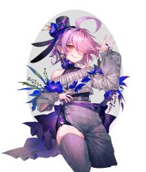  1girl arm_up asymmetrical_clothes bare_shoulders black_hat black_nails blue_flower commentary_request flower grey_background grey_pants grey_sweater grey_thighhighs hat hat_flower highres honkai_(series) honkai_gakuen long_sleeves mini_hat mini_top_hat nail_polish off-shoulder_sweater off_shoulder pants pink_hair puffy_long_sleeves puffy_sleeves sin_mal sin_mal0909 single_pantsleg single_thighhigh skindentation solo sweater thigh-highs top_hat two-tone_background white_background 