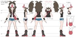  2024_pokemon_teraleak absurdres bag black_boots black_vest blue_eyes boots brown_hair denim denim_shorts exposed_pocket facing_viewer from_behind from_side hat highres hilda_(pokemon) kneepits micro_shorts multiple_views official_art pink_bag poke_ball_symbol pokemon pokemon_black_and_white ponytail reference_sheet shirt shorts shoulder_bag sidelocks simple_background sleeveless smile sugimori_ken translation_request vest white_background white_hat white_shirt wristband 