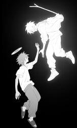  2boys absurdres black_background black_hair chinese_commentary commentary_request coolherry couple crescent_print false_memory from_side ghost glowing grey_pants guan_chao_(false_memory) halo hand_up highres holding holding_stick jacket looking_up male_focus multiple_boys open_clothes open_jacket pants pants_rolled_up print_jacket sandals shirt shoes short_sleeves simple_background sleeves_rolled_up slides spiky_hair stick sword_print white_hair white_jacket white_pants white_shirt white_shoes wing_print 