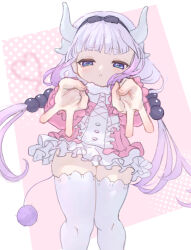  1girl beads blue_eyes blunt_bangs capelet commentary double_gyaru_v double_v dragon_girl dragon_horns frilled_capelet frills ginka_(ginka-shimotsuki) gradient_hair gyaru_v hair_beads hair_ornament hairband highres horns kanna_kamui kobayashi-san_chi_no_maidragon long_hair low_twintails miniskirt multicolored_hair pink_shirt purple_hair shirt simple_background skirt solo sphere_hair_ornament tail thigh-highs thighs twintails v white_skirt white_thighhighs 