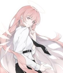  1girl absurdres arknights artemisiaaa belt black_necktie breasts chinese_commentary closed_mouth collared_shirt commentary_request detached_wings finger_to_mouth from_side halo hand_up highres index_finger_raised lemuen_(arknights) long_hair long_sleeves looking_at_viewer necktie pink_eyes pink_hair shirt shushing smile solo traditional_halo upper_body white_background white_shirt wings 