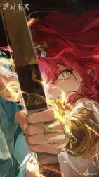  1girl absurdres aiming aiming_at_viewer aqua_shawl archery arrow_(projectile) bow_(weapon) copyright_name copyright_notice drawing_bow energy grin hedone_(reverse:1999) highres holding holding_arrow holding_bow_(weapon) holding_weapon logo looking_at_viewer official_art official_wallpaper red_hair reverse:1999 shawl shirt smile solo upper_body weapon white_shirt yellow_eyes 