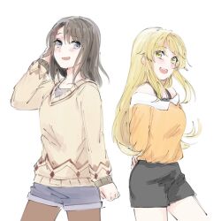  2girls :d arm_up arms_behind_back bang_dream! bang_dream!_girls_band_party! black_shorts blue_shorts blush brown_pantyhose brown_sweater commentary_request cowboy_shot highres multiple_girls off-shoulder_shirt off_shoulder okusawa_misaki open_mouth orange_shirt pantyhose pantyhose_under_shorts shirt shorts simple_background smile succhii_(pikaru) sweater tsurumaki_kokoro white_background 