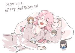  5girls bang_dream! bang_dream!_it's_mygo!!!!! black_hair brown_hair camisole chibi chihaya_anon closed_eyes commentary dated fang grey_hair happy_birthday heterochromia highres kaname_raana long_hair mini_person mole mole_under_eye multiple_girls mygo!!!!!_(bang_dream!) nagasaki_soyo open_mouth pajamas pink_camisole pink_hair pink_shirt sb_saboi shiina_taki shirt simple_background takamatsu_tomori untranslatable_commentary violet_eyes white_background 