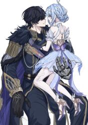  1boy 1girl armband armor ballerina ballet_dress ballet_slippers bare_shoulders black_coat black_hair black_jacket black_shirt blue_dress blue_gloves blue_hair brooch cape closed_mouth coat detached_sleeves dress feathers four-pointed_star fur-trimmed_coat fur-trimmed_jacket fur_trim genshin_impact gloves gold_shoes gold_trim hair_ornament hetero highres jacket jewelry l8orb8 lapels mandarin_collar medium_hair odette_(genshin_impact) pantyhose pauldrons purple_cape shirt shoes short_hair shoulder_armor simple_background single_pauldron size_difference strapless strapless_dress valeriy_(genshin_impact) violet_eyes white_armband white_background white_feathers white_pantyhose 