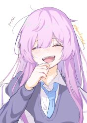  +++ 1girl artist_name bags_under_eyes blue_archive blue_necktie commentary_request facing_viewer hand_to_own_mouth highres jacket jacket_partially_removed karubo laughing long_hair loose_necktie messy_hair missing_halo necktie open_collar open_mouth purple_hair purple_sweater_vest simple_background solo straight-on sweater_vest twitter_username upper_body utaha_(blue_archive) white_background white_jacket 