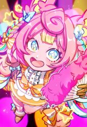  +_+ 1girl bad_id bad_tumblr_id blonde_streaks blue_eyes blue_streaks bow braid character_request copyright_request dress from_above hair_bow hand_fan highres holding holding_fan ikapnmn2 looking_at_viewer multicolored_hair open_mouth orange_dress pink_hair smile solo star_(symbol) streaked_hair twin_braids white_bow 