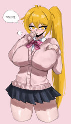  1girl akita_neru alternate_breast_size_(larger) antenna_hair blonde_hair blush bow bowtie breasts cardigan cowboy_shot doubleuww1 fish furrowed_brow hair_between_eyes highres large_breasts laughing long_hair looking_at_viewer pink_background pink_cardigan puffy_nipples school_uniform shirt side_ponytail simple_background skirt solo spoken_object thick_eyelashes thighs tsurime yellow_eyes zako_(vocaloid) 