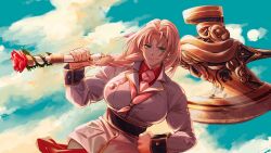  1girl absurdres axe backlighting battle_axe blonde_hair breasts clouds cloudy_sky collared_shirt dark-skinned_female dark_skin game_asset green_eyes hair_ribbon hand_on_own_hip highres holding holding_axe huge_breasts jacket jane_snowflake looking_at_viewer military_jacket military_uniform muscular muscular_female neckerchief non-web_source official_art over_shoulder pants pink_neckerchief red_nails red_shirt ribbon rolua self-datamine shirt sky the_great_villainess_strategy_of_lily tight_clothes weapon weapon_over_shoulder white_jacket white_pants 