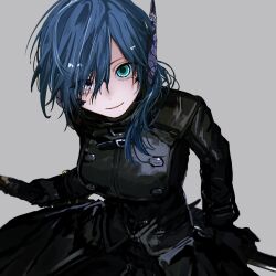  1girl au_ra black_gloves black_jacket blue_hair blue_horns blue_scales blue_tail breasts dragon_girl dragon_horns dragon_tail final_fantasy final_fantasy_xiv gloves green_eyes grey_background heterochromia highres holding holding_weapon horn_ornament horn_ring horns jacket long_hair long_sleeves looking_at_viewer low_horns moth_ram original parted_lips scales simple_background smile solo tail warrior_of_light_(ff14) weapon white_eyes 