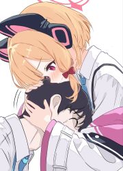  1boy 1girl animal_ear_headphones animal_ears black_hair blonde_hair blue_archive blue_necktie blush bow cat_ear_headphones cat_ears closed_mouth commentary_request crying fake_animal_ears hair_bow halo head_hug headphones highres hug jacket jacket_partially_removed kamiyama_(sayumimskz) long_sleeves looking_down low-tied_sidelocks momoi_(blue_archive) multicolored_jacket necktie pink_halo red_eyes sensei_(blue_archive) shirt short_hair sidelocks simple_background two-tone_jacket upper_body white_background white_jacket white_shirt 