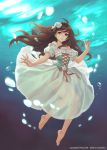  1girl ahoge artist_name barefoot brown_hair bubble crying dress flower hair_ornament highres kaku-san-sei_million_arthur long_hair nayoung_wooh orange_eyes ribbon sad solo submerged tagme underwater water 