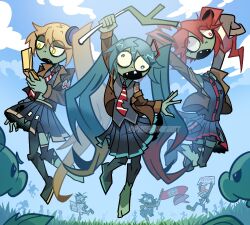  akita_neru black_boots blonde_hair boots brown_jacket cellphone colored_skin commentary crossover disembodied_hand drill_hair english_commentary flag full_body green_skin hatsune_miku highres holding holding_flag holding_phone holding_sign jacket jumping kasane_teto long_hair newspaper_zombie_(plants_vs._zombies) open_mouth outdoors peashooter_(plants_vs._zombies) phone plants_vs._zombies professor_brainrot red_hair side_ponytail sign skirt smartphone spring_onion thigh_boots torn_clothes torn_jacket torn_skirt traffic_cone_on_head triple_baka_(group) twin_drills twintails very_long_hair vocaloid zombie_(plants_vs._zombies) 